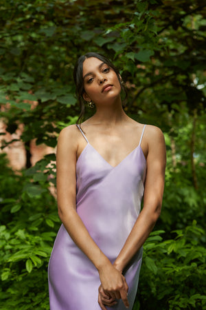 Rhea Silk Slip Dress in Lavender Mist